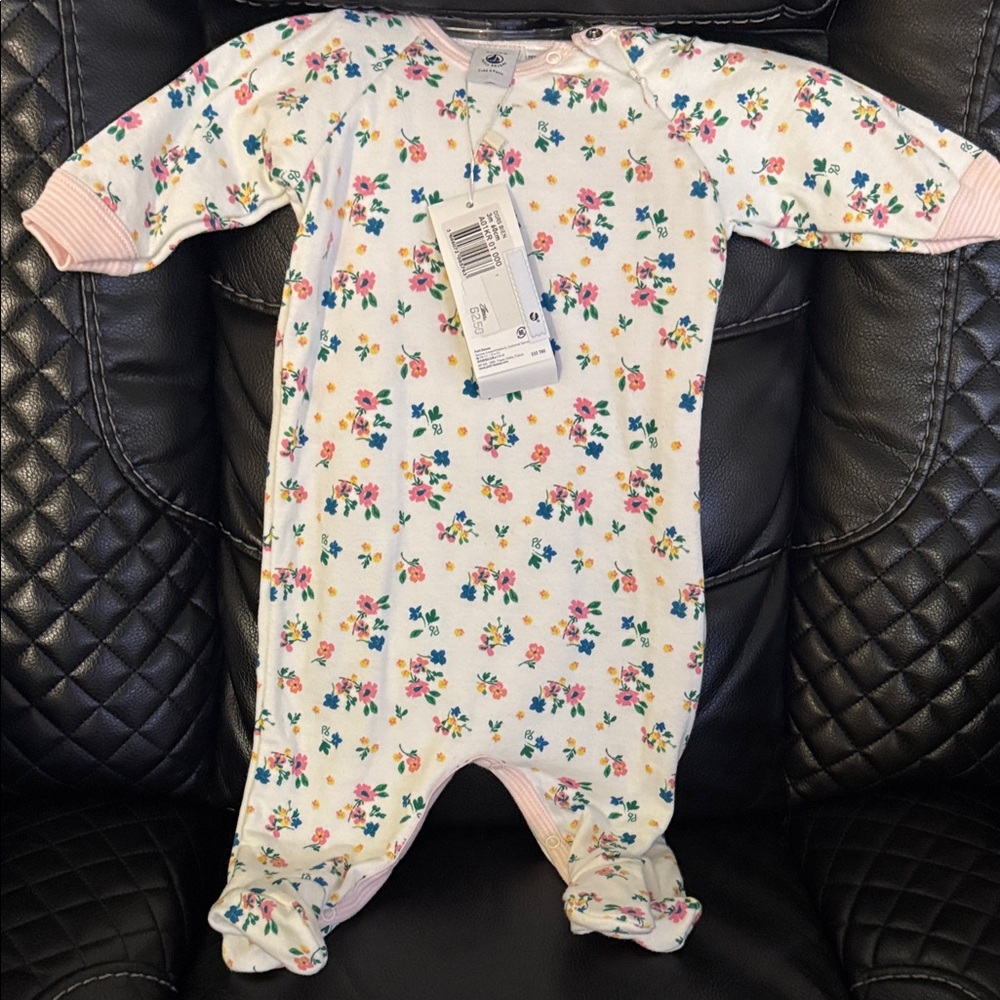Petit Bateau Floral Print Kids Footie - White and Pink